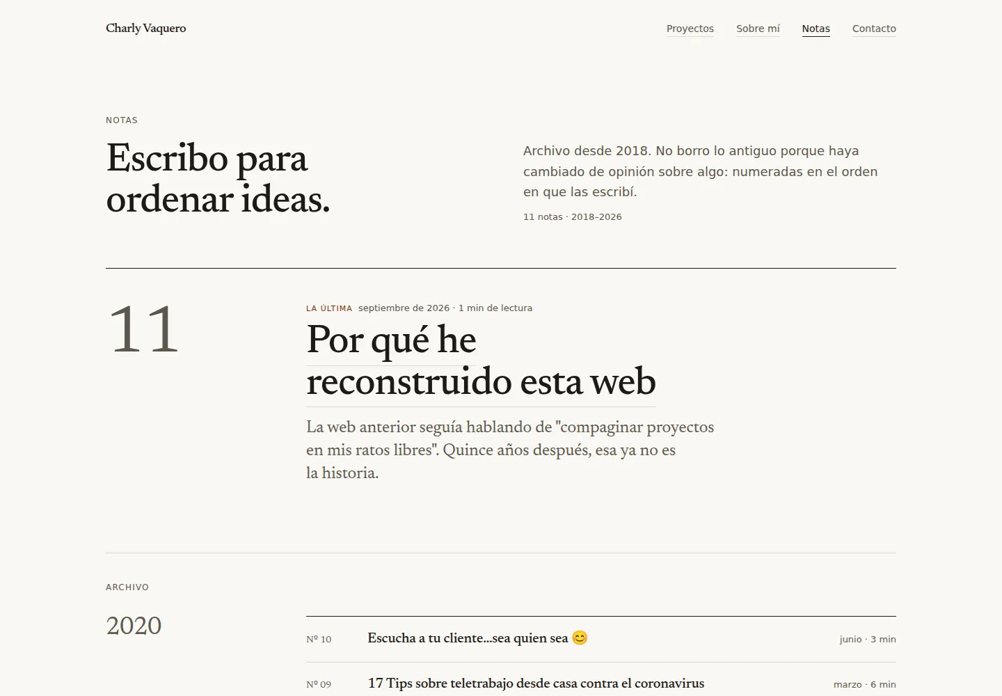 Índice de notas de la web actual: la última nota con su número, y el archivo por años con número, fecha y tiempo de lectura