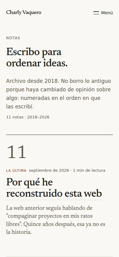 Índice de notas de la web actual: la última nota con su número, y el archivo por años con número, fecha y tiempo de lectura